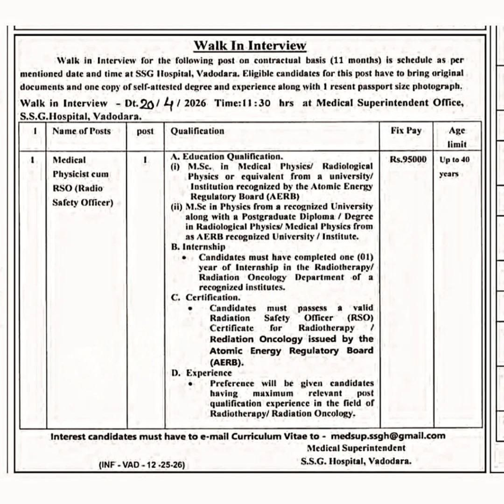 SSG Hospital Vadodara Medical Physicist Recruitment 2026